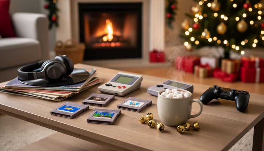 Coffee table with retro game cartridges, a handheld console, a modern controller, over-ear headphones on vinyl records, jingle bells, and a steaming mug of cocoa in a warm holiday living room with a blurred Christmas tree and fireplace.