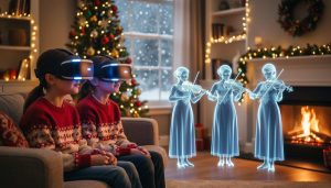 Parent and child wearing VR headsets on a sofa in a warmly lit living room with a Christmas tree and fireplace, illuminated by golden lights and a cool blue VR glow as virtual carolers and musicians perform before them.