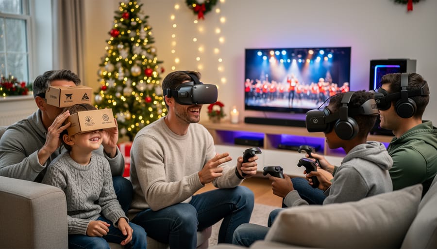 Different types of VR headsets displayed on wooden table with Christmas decorations