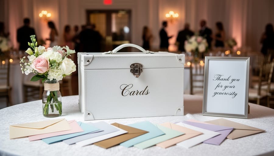 White wedding card box on reception table with envelopes and floral decorations