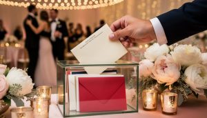 Hand in formal wear placing an ivory envelope with a hint of a check into a clear wedding card box on a flower- and candle-adorned reception table, with a red envelope and dancing guests blurred in the background.