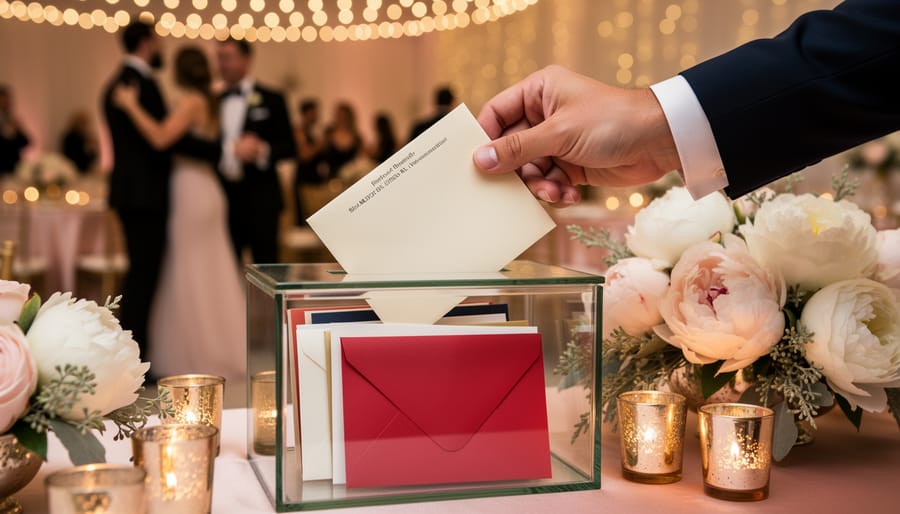 Hand in formal wear placing an ivory envelope with a hint of a check into a clear wedding card box on a flower- and candle-adorned reception table, with a red envelope and dancing guests blurred in the background.
