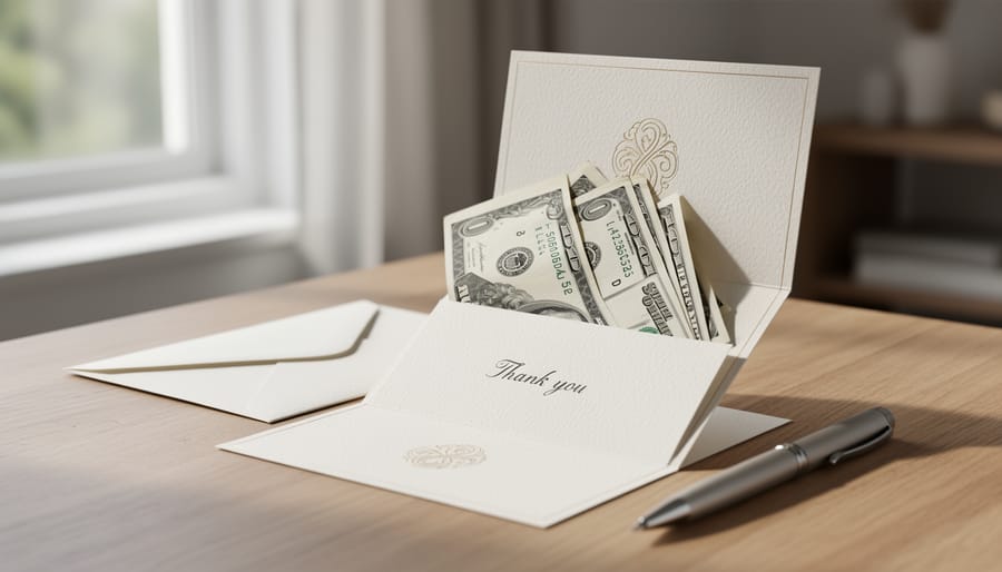 Wedding card with cash gift in elegant envelope on marble surface with eucalyptus decoration