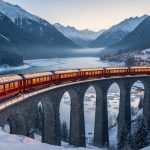 Red passenger train with glowing interior lights curving over a snow-covered alpine viaduct at golden hour, surrounded by frosted pine forests, a frozen lake, and a softly lit village under gentle snowfall.