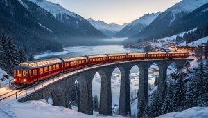 Red passenger train with glowing interior lights curving over a snow-covered alpine viaduct at golden hour, surrounded by frosted pine forests, a frozen lake, and a softly lit village under gentle snowfall.