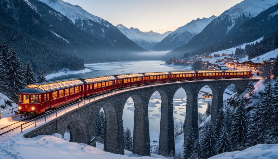 Red passenger train with glowing interior lights curving over a snow-covered alpine viaduct at golden hour, surrounded by frosted pine forests, a frozen lake, and a softly lit village under gentle snowfall.
