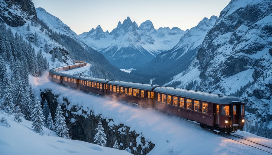 Scenic train traveling through snow-covered Rocky Mountain landscape with frosted evergreen trees