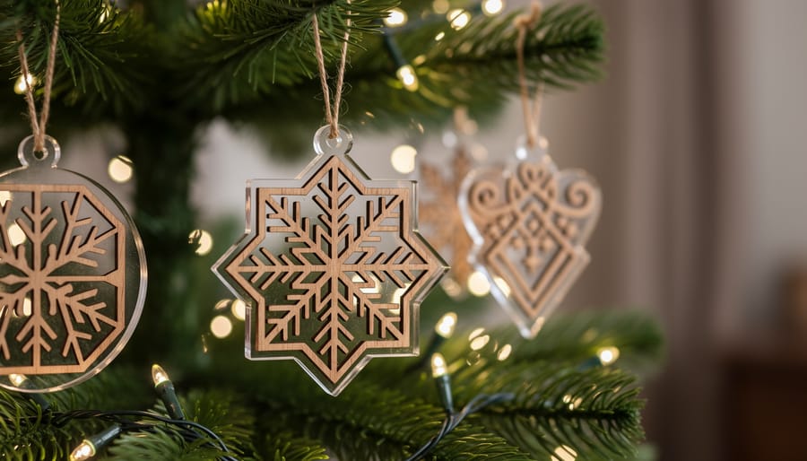 Layered wooden and acrylic ornament reflecting light on Christmas tree branch
