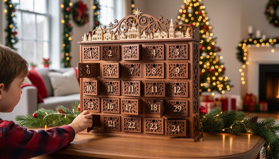 Wooden advent calendar with numbered compartments displayed on mantel with Christmas decorations