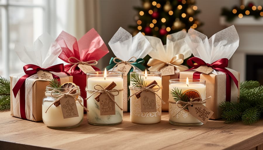 Family gathered around handmade holiday candles wrapped in kraft paper with ribbons and gift tags