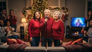 Transform Your Holiday Party With Yuletide Karaoke Sing-Alongs Multigenerational family singing into a microphone on a simple stand in a cozy living room with a decorated Christmas tree, garland, and twinkling string lights; blurred guests clap in the background beside cocoa mugs and speakers; warm, joyful holiday ambiance with no readable text on screens.