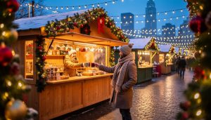 Where the Magic Comes Alive: America's Most Enchanting Christmas Markets Eye-level view of a festive American Christmas market at dusk, with a wooden chalet stall decorated in evergreen garlands as a vendor hands a steaming cup of mulled wine to a visitor on a cobblestone walkway, warm string lights, light snowfall, and a softly blurred city skyline in the background.