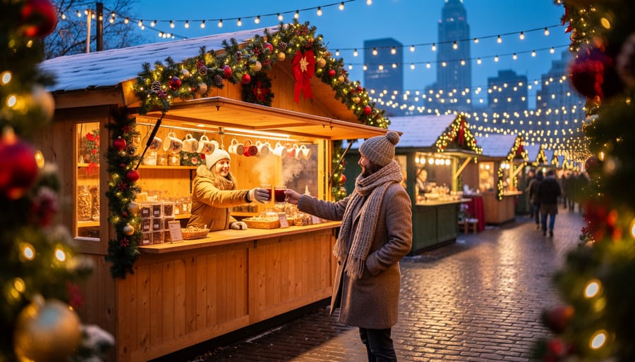 Eye-level view of a festive American Christmas market at dusk, with a wooden chalet stall decorated in evergreen garlands as a vendor hands a steaming cup of mulled wine to a visitor on a cobblestone walkway, warm string lights, light snowfall, and a softly blurred city skyline in the background.