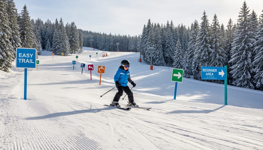 Groomed cross-country ski trail with gentle slope and clear trail markers