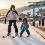 Ski instructor guiding a young child practicing snowplow on a wide beginner slope beside a magic carpet lift at sunset, with a gentle chairlift and twinkling alpine village among snow-covered pines in the background.