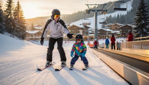 Ski instructor guiding a young child practicing snowplow on a wide beginner slope beside a magic carpet lift at sunset, with a gentle chairlift and twinkling alpine village among snow-covered pines in the background.