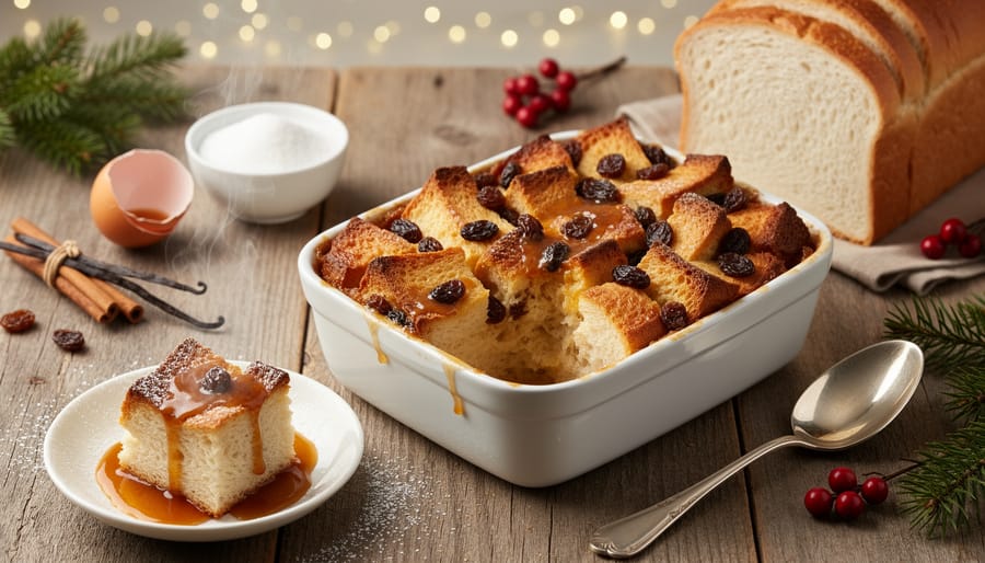 Homemade bread pudding with golden top and powdered sugar in ceramic baking dish