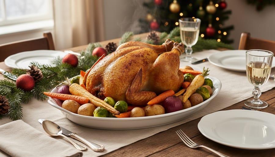 Overhead view of affordable Christmas dinner with roasted chicken and seasonal vegetable sides on rustic table