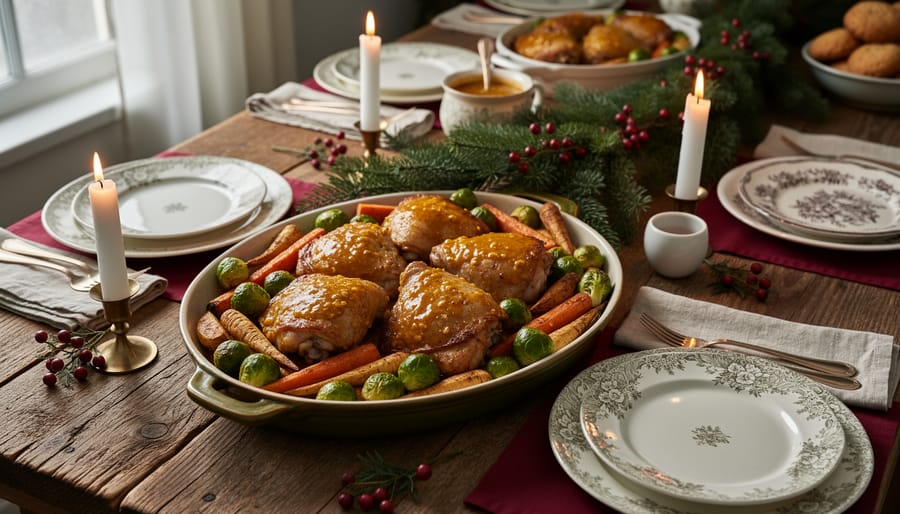 Honey-mustard glazed chicken thighs surrounded by roasted carrots, parsnips, and Brussels sprouts on a rustic Christmas table with candles and mismatched china