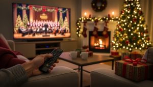 Where to Watch BYUtv on Spectrum This Holiday Season Hand holding a cable remote pointed at a TV showing a holiday choir performance in a warmly lit living room with Christmas tree lights, fireplace, stockings, and cocoa mugs, with no visible text or logos.