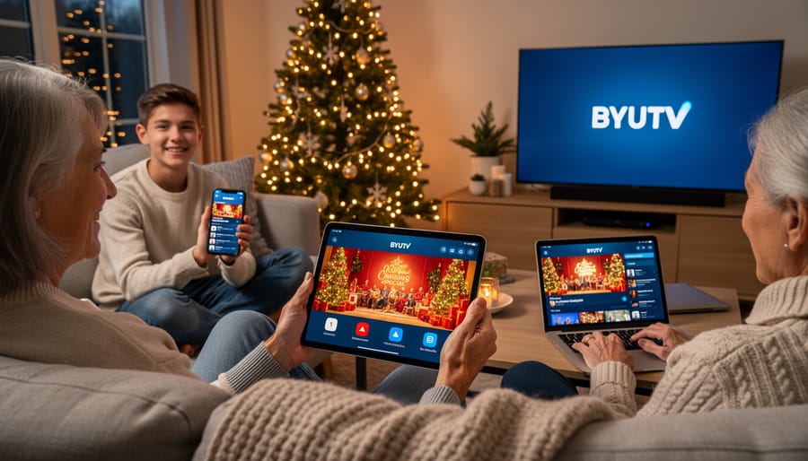 Mobile devices showing BYUtv streaming app on table with holiday decorations