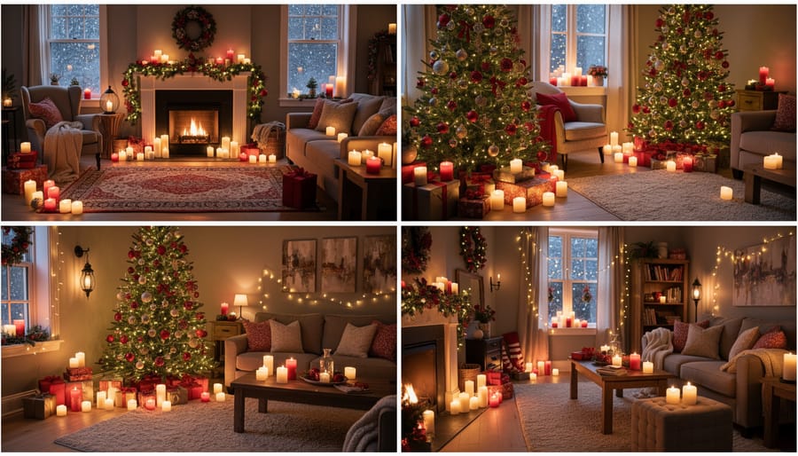 Cozy living room with lit candles on coffee table and mantle creating warm holiday ambiance