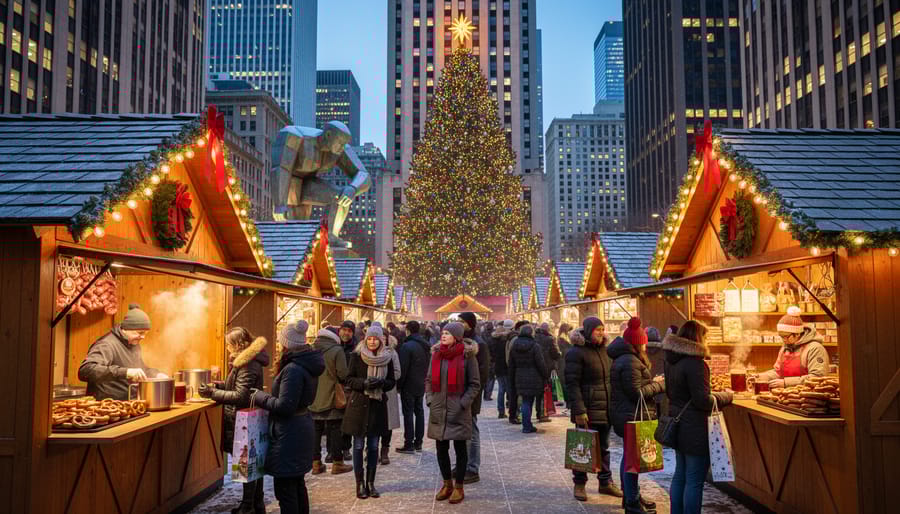 Chicago Christkindlmarket at Daley Plaza with illuminated wooden stalls and city skyscrapers in background
