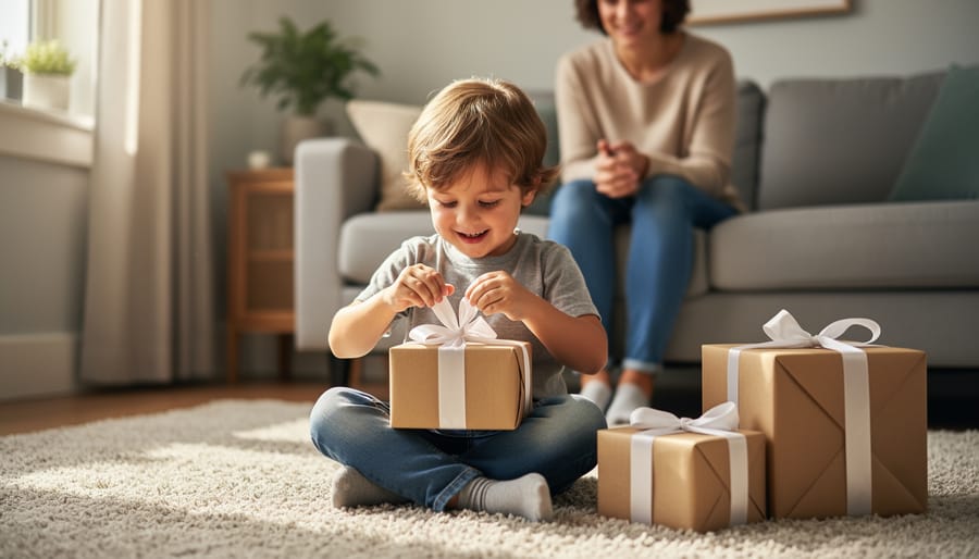 Child excitedly holding a single Christmas gift on Christmas morning