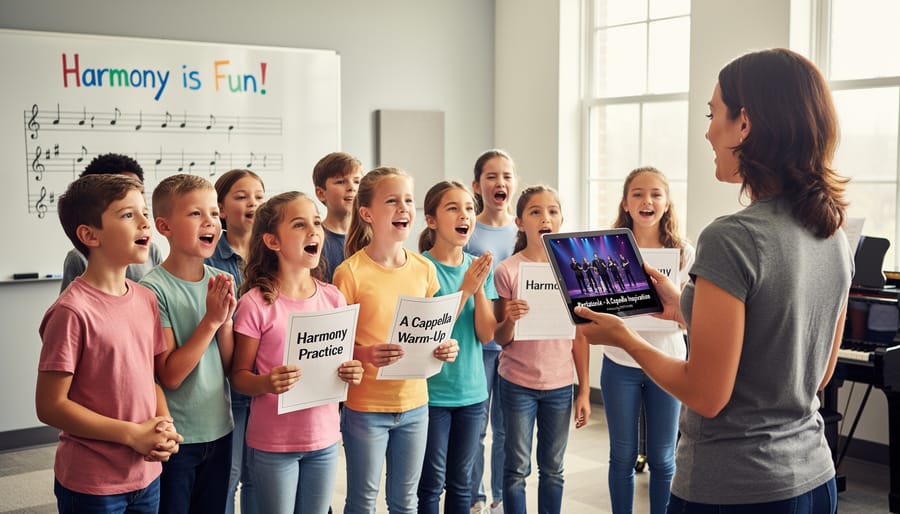 Children in festive pajamas singing joyfully during holiday celebration