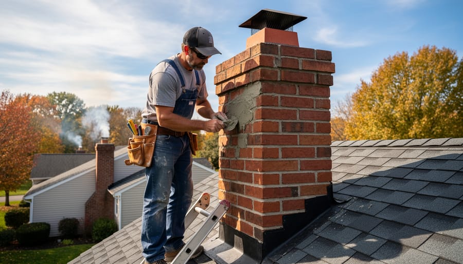 Mason repairing damaged chimney brickwork with fresh mortar and trowel