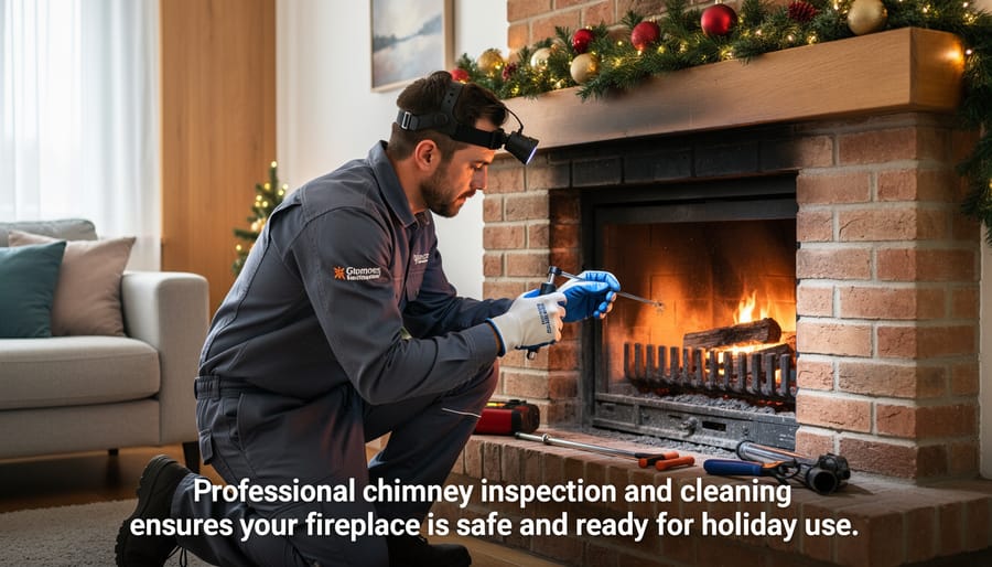 Chimney sweep professional inspecting fireplace interior with specialized equipment