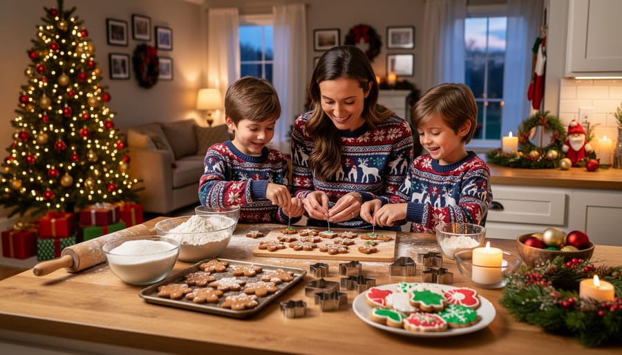 Overhead view of family baking and decorating Christmas cookies with holiday music atmosphere