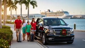 Family of four with suitcases boarding a black shuttle SUV at a palm-lined curb decorated with holiday lights, with a cruise ship visible across the water at Port Canaveral during golden hour.