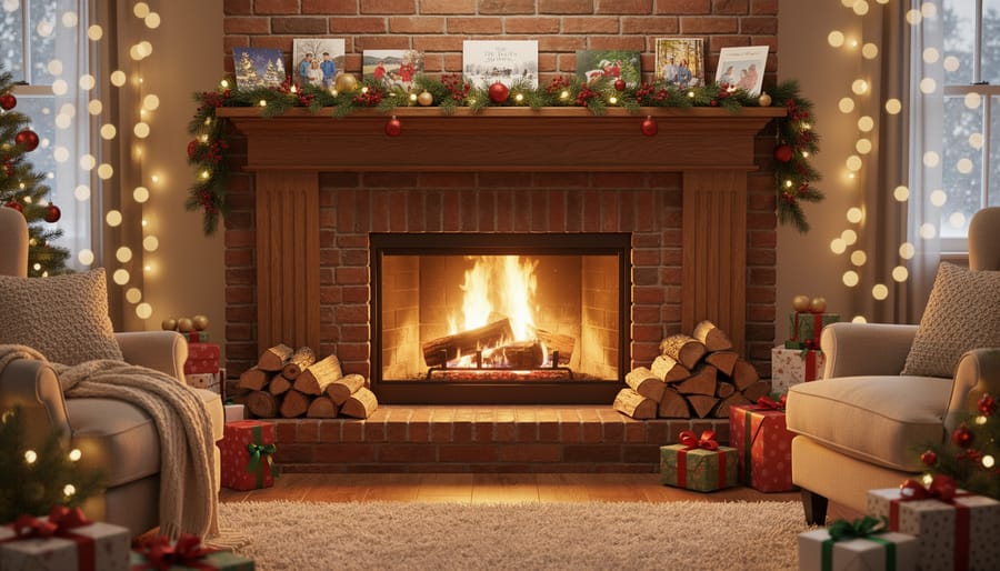Cozy Christmas fireplace with crackling fire, decorated mantel with stockings and evergreen garland