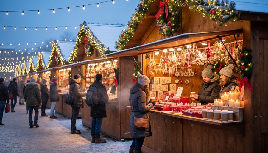 Illuminated wooden Christmas market chalets with string lights and evergreen decorations at dusk