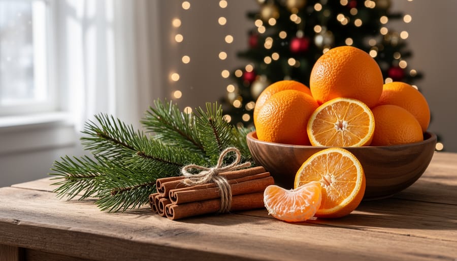 Overhead view of holiday candles surrounded by cinnamon sticks, pine branches, and festive spices