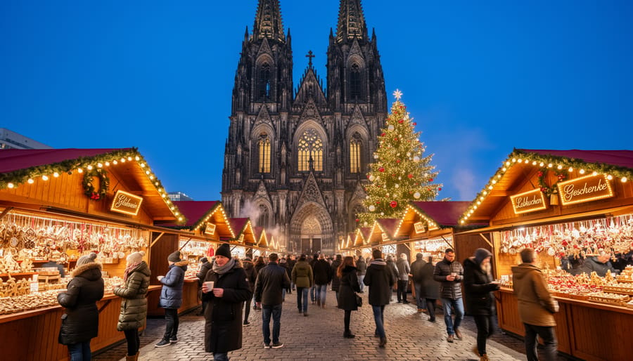 Cologne Cathedral Christmas market with illuminated Gothic cathedral towers at dusk