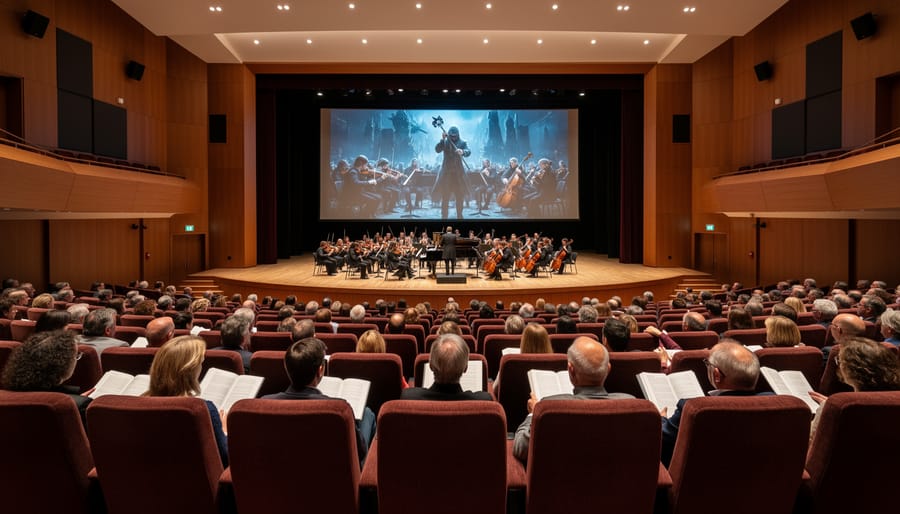 Red velvet concert hall seats with elegant lighting before performance