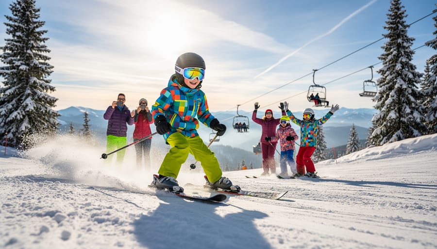 Happy child skier holding hot cocoa at mountain resort after successful ski lesson