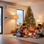 Family gathered by a glowing Christmas tree in a warmly lit living room, with a ductless mini-split heat pump mounted high on the wall and snow visible through double-glazed windows.