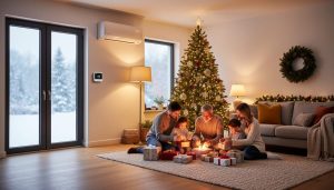 Family gathered by a glowing Christmas tree in a warmly lit living room, with a ductless mini-split heat pump mounted high on the wall and snow visible through double-glazed windows.
