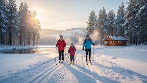 Find Your Winter Wonderland: Where to Go Cross-Country Skiing This Season Multigenerational family cross-country skiing on a groomed trail beside a frozen pond in a snow-covered pine forest at golden hour, with sunlight filtering through trees and distant hills softly blurred.
