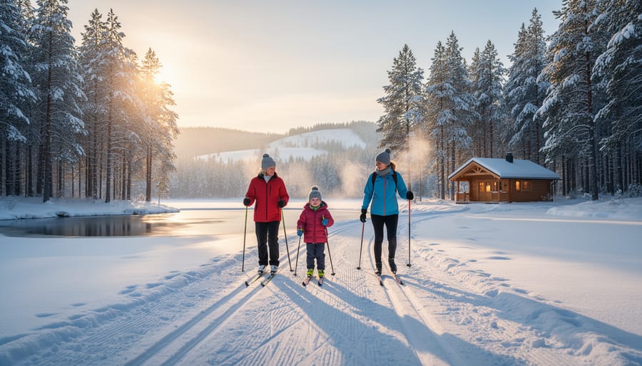 Multigenerational family cross-country skiing on a groomed trail beside a frozen pond in a snow-covered pine forest at golden hour, with sunlight filtering through trees and distant hills softly blurred.