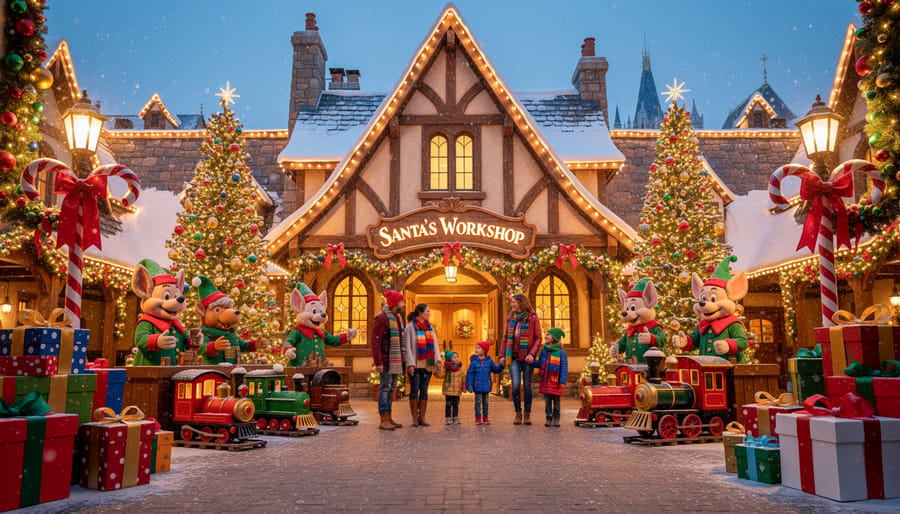 Disney theme park Santa's Workshop holiday display with presents and twinkling lights at twilight
