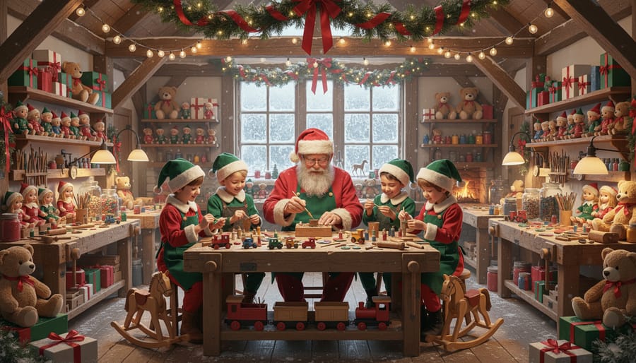 Vintage-style toy workshop with handcrafted wooden toys and dolls on workbench