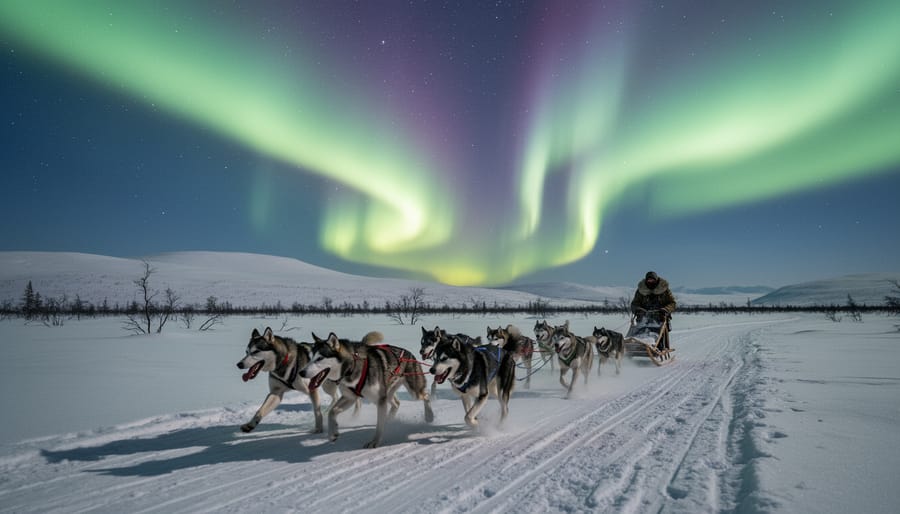 Dog sled team running through snowy forest with northern lights visible above