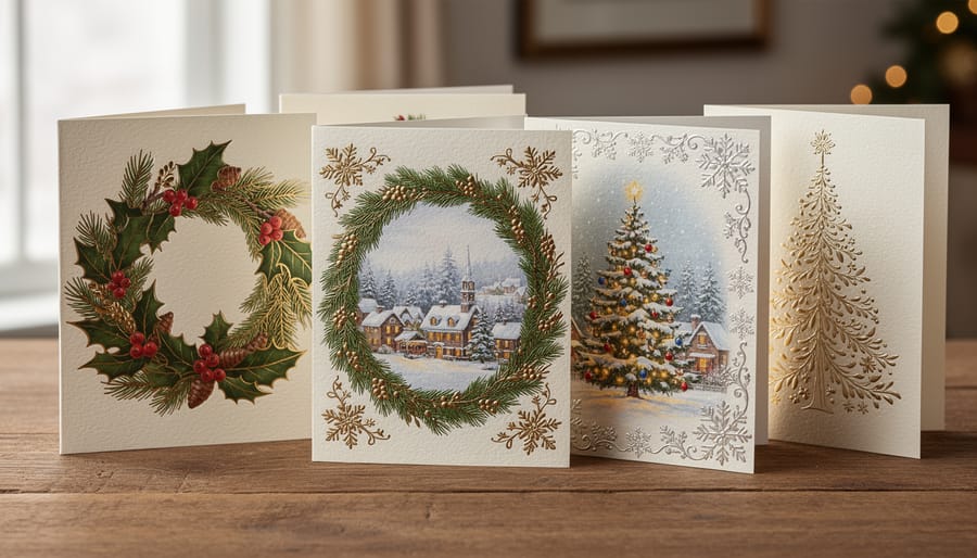 Close-up of elegant embossed Christmas card with gold foil details and evergreen wreath design