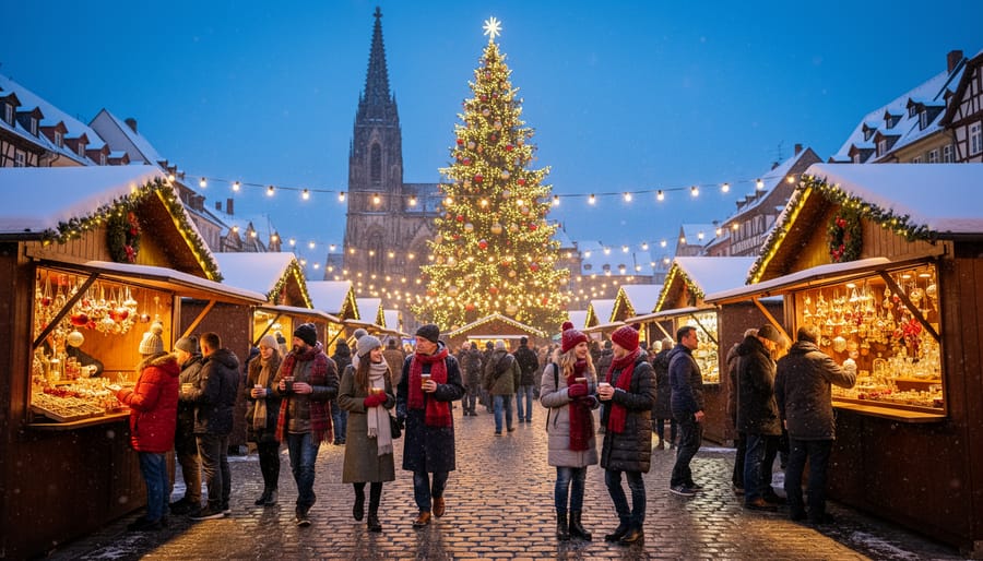Twilight scene of a lively European Christmas market with wooden chalets, a large decorated tree, cobblestone square, and visitors in winter attire sipping mulled wine as snow falls; warm golden lights contrast with a cool blue evening sky; historic facades and a cathedral spire softly blurred in the background.