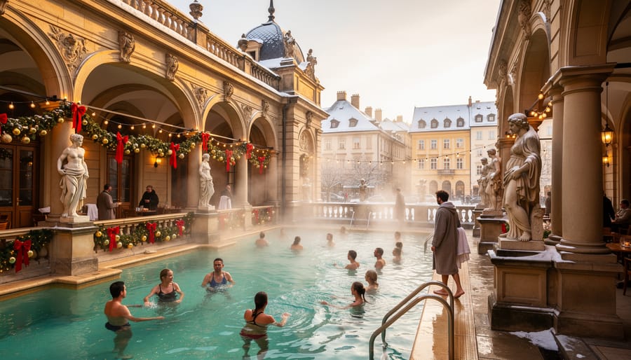 Historic European thermal bath building with holiday lights and steaming outdoor pools in winter evening