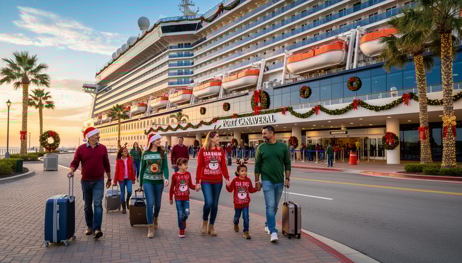Family with luggage approaching decorated cruise ship at Port Canaveral during sunset